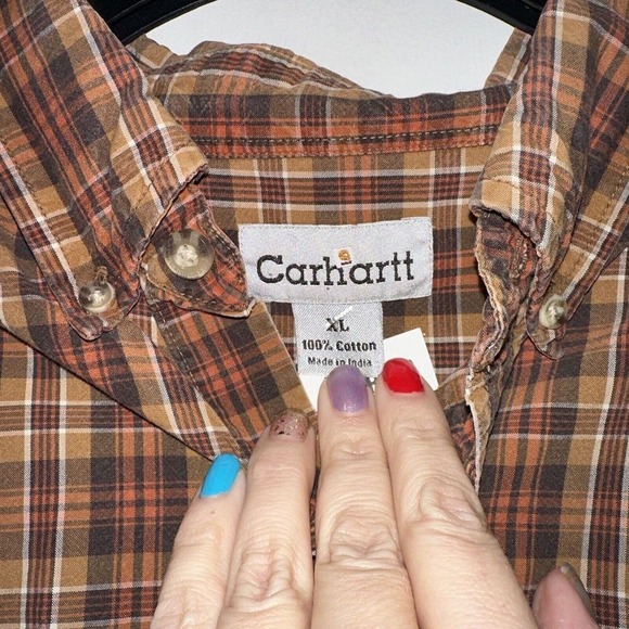 Carhartt Mens XL Plaid Button‎ Down Shirt Brown Orange Long Sleeve S153DKB 2007 - Picture 3 of 8